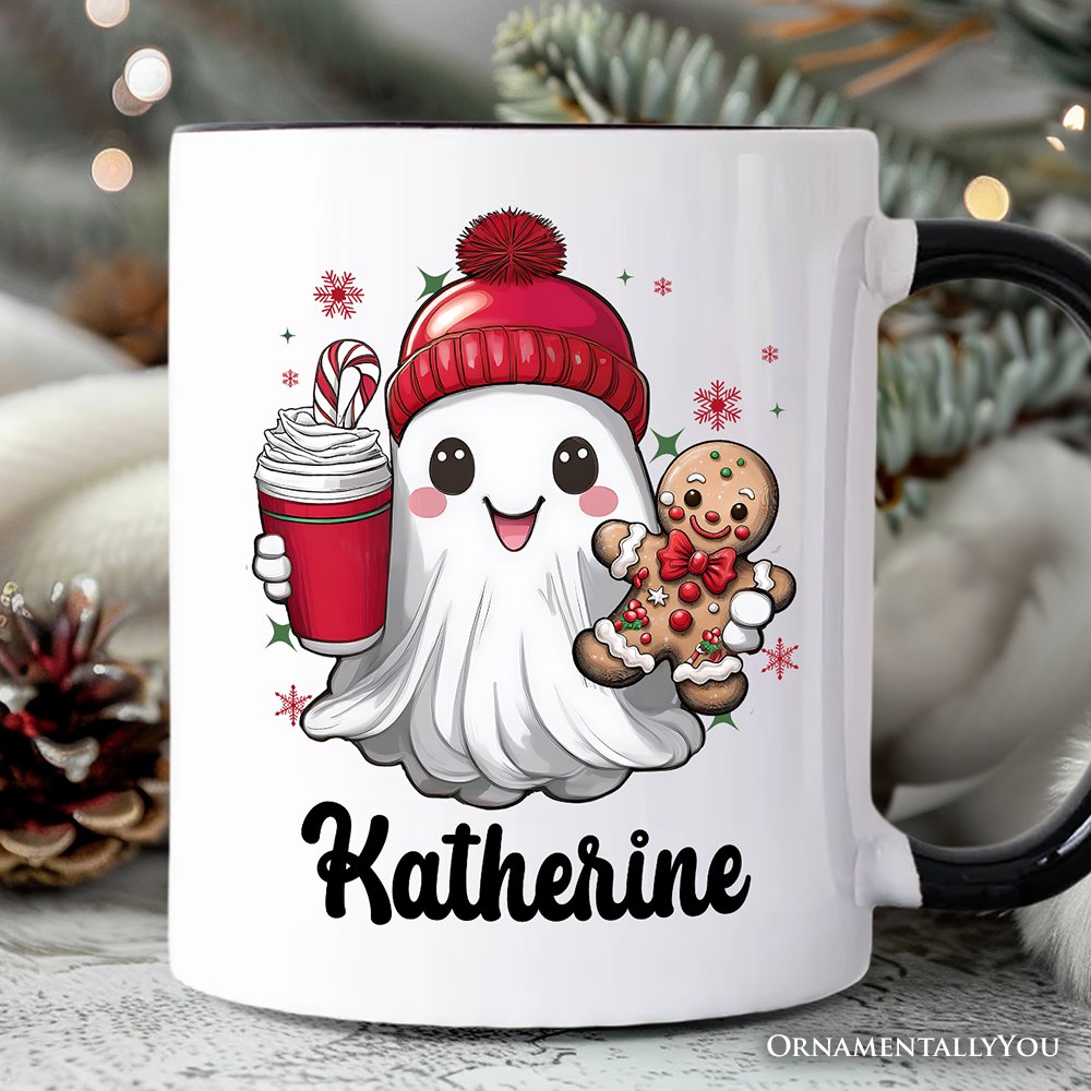 Cute Ghost Christmas Personalized Mug, Adorable Gingerbread and Cocoa Holiday Gift with Custom Name