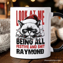 Carregar imagem no visualizador da galeria, Grumpy Christmas Cat Personalized Mug, Funny Santa Hat Holiday Lights Gift for Sarcastic Festive People with Custom Name
