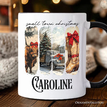 Carregar imagem no visualizador da galeria, Small Town Christmas Personalized Mug, Highland Cow Rustic Western Cowgirl Holiday Gift with Custom Name
