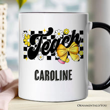 Carregar imagem no visualizador da galeria, Teach Checkered Coquette Bow Personalized Mug, Retro Gift for Trendy Teachers with Custom Name
