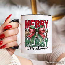Load image into Gallery viewer, Coquette Merry Christmas Bow Personalized Mug, Festive Leopard Holiday Gift with Custom Name
