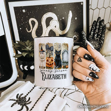 Carregar imagem no visualizador da galeria, Fall Spooky Season Brushstroke Personalized Mug, Coquette Vintage Ghost, Cat and Pumpkin Gift with Custom Name
