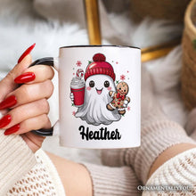 Cargar imagen en el visor de la galería, Cute Ghost Christmas Personalized Mug, Adorable Gingerbread and Cocoa Holiday Gift with Custom Name
