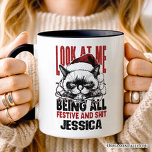 Carregar imagem no visualizador da galeria, Grumpy Christmas Cat Personalized Mug, Funny Santa Hat Holiday Lights Gift for Sarcastic Festive People with Custom Name

