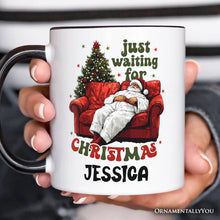 Cargar imagen en el visor de la galería, Funny Fat Santa Couch Personalized Mug, Just Waiting for Christmas Gift with Custom Name

