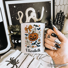 Carregar imagem no visualizador da galeria, Pumpkin Ghosts Coquette Bow Personalized Mug, Retro Fall Spooky Gift with Custom Name
