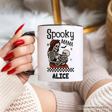 Carregar imagem no visualizador da galeria, Spooky Mama Skeleton Halloween Personalized Mug, Momster Retro Checkered Gift with Custom Name
