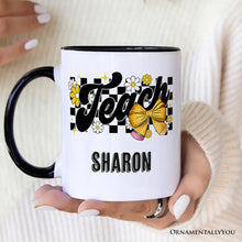 Carregar imagem no visualizador da galeria, Teach Checkered Coquette Bow Personalized Mug, Retro Gift for Trendy Teachers with Custom Name
