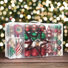 Load image into Gallery viewer, Alluring Large Christmas Ornament Set, Unique Red Green and Gold Baubles, 92 Charms and Snow Covered Trees with Dark Red Tree Topper
