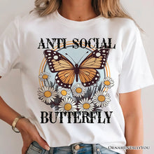 Carregar imagem no visualizador da galeria, Anti Social Butterfly T-Shirt, Retro White and Natural Tee for Quirky and Independent Women
