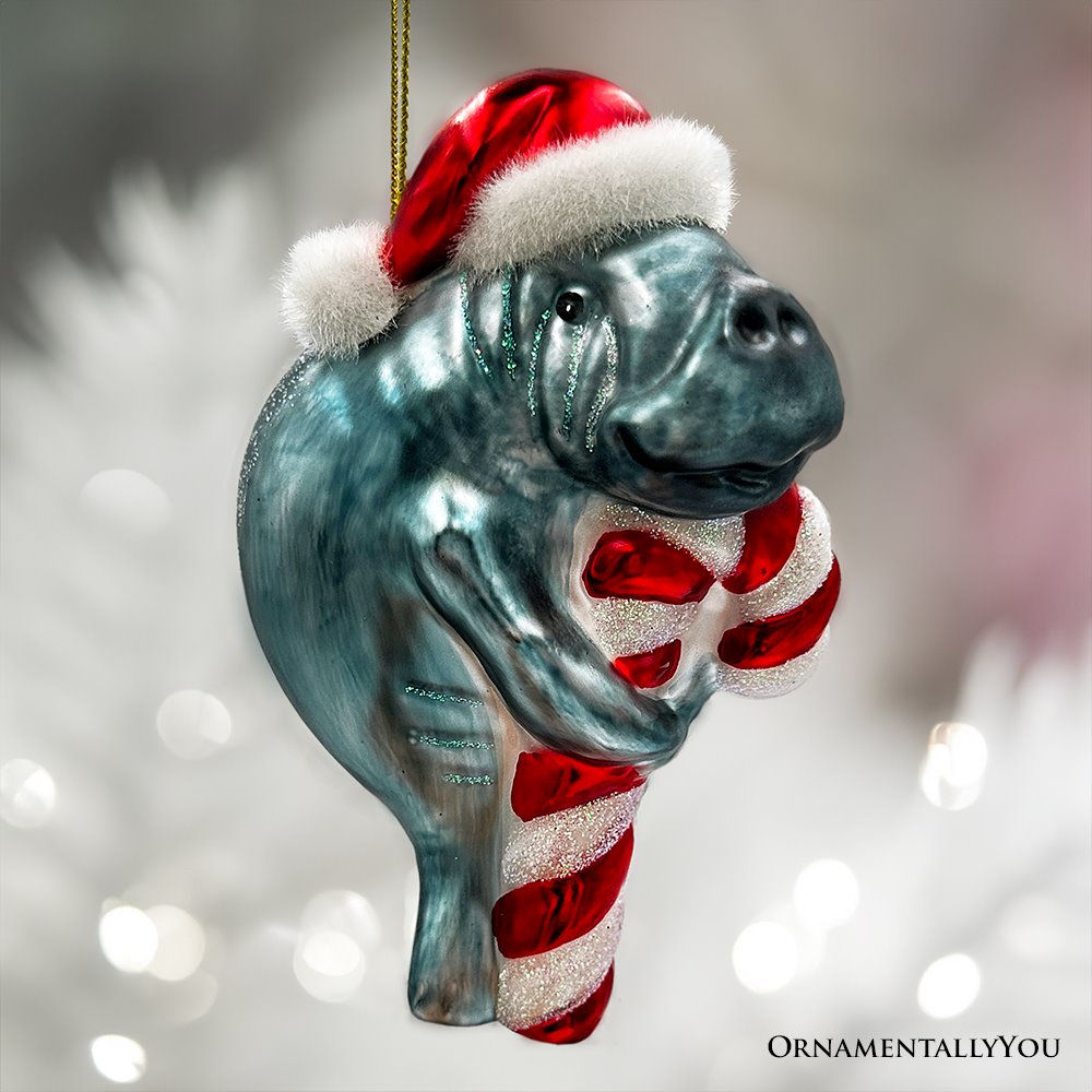 (Pre-Order) Aquatic Manatee Glass Christmas Ornament, Sea Cow Coastal Ocean Animal Holiday Decoration