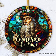 Carregar imagem no visualizador da galeria, Artistic Leonardo da Vinci Self-Portrait in Stained Glass Themed Christmas Ornament, Medieval Renaissance Italy Keepsake
