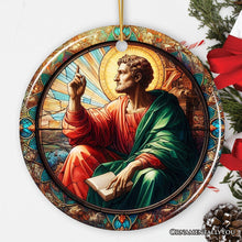 Carregar imagem no visualizador da galeria, Artistic Man With a Book in Renaissance Italy Painting Ornament, Stained Glass Themed Medieval Christmas Keepsake
