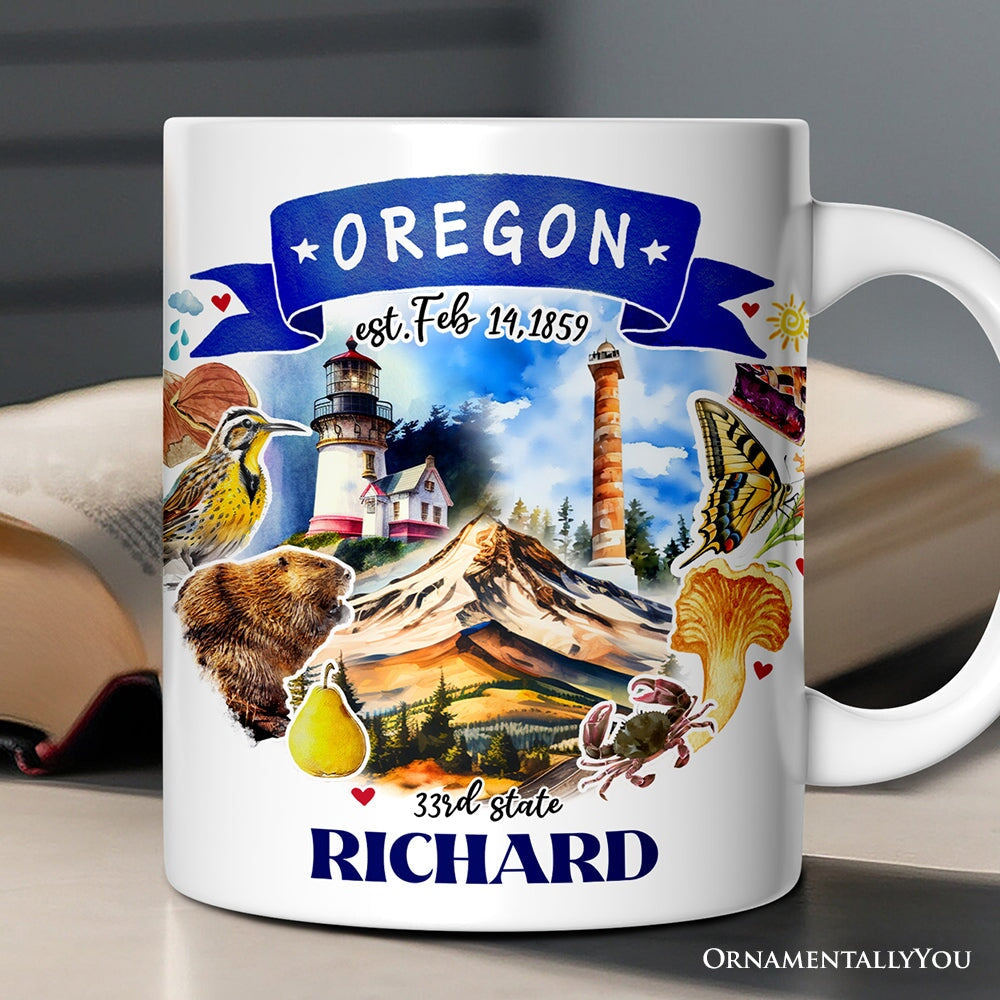 Artistic Oregon State Themes and Landmarks Personalized Mug With Custom Name
