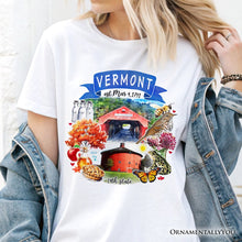 Carregar imagem no visualizador da galeria, Artistic Vermont State Themes and Landmarks T-Shirt, Tee for History and Travel Lovers
