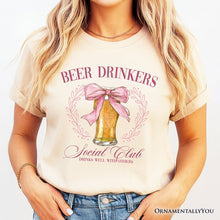 Load image into Gallery viewer, Beer Drinkers Social Club T-Shirt, Coquette Pink Bow Tee for Girly Summer Bachelorette Vibes
