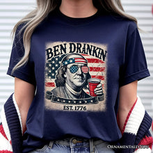 Carregar imagem no visualizador da galeria, Ben Drankin Funny 4th of July T-Shirt, White, Navy and Black Patriotic Tee With Benjamin Franklin
