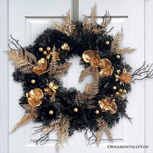 Carregar imagem no visualizador da galeria, Black and Bronze Elegantly Goth 20&quot; Wreath, Premium Gold Door Decoration with Floral Orchids

