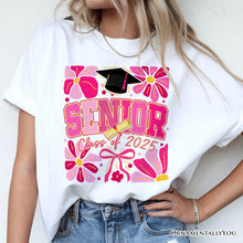 Carregar imagem no visualizador da galeria, Boho Senior 2025 T-Shirt, Pink Floral Graduation White Tee for Proud and Stylish Students
