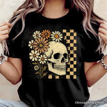 Cargar imagen en el visor de la galería, Checkered Floral Skeleton T-Shirt, Vintage Skull Daisy Halloween Tee
