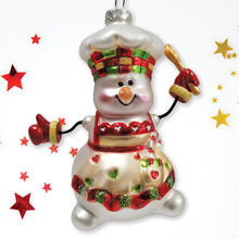 Load image into Gallery viewer, Cheerful Holiday Snowman Chef Glass Christmas Ornament
