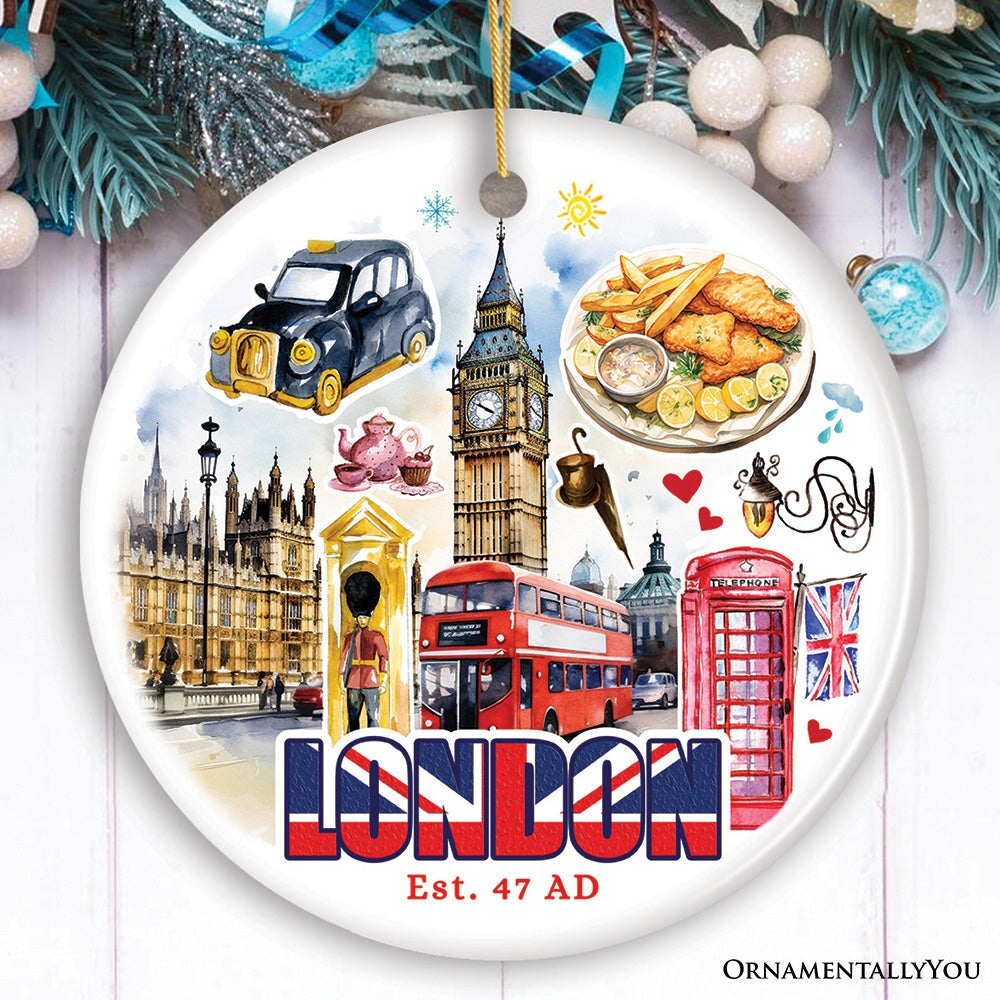 Classic London Artwork City Full of Landmarks Ornament, Vintage Souvenir of England