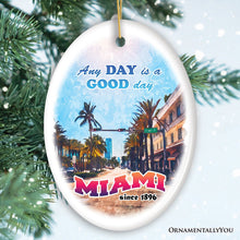 Cargar imagen en el visor de la galería, Classic Miami Living Stroll Through Paradise Ornament, Scenic Ocean Drive Artwork Souvenir
