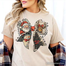 Load image into Gallery viewer, Coquette Christmas Bow T‑Shirt, It&#39;s Most Wonderful Time Of The Year Vintage Tee With Santa, Deer and Snowman
