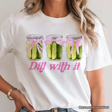 Carregar imagem no visualizador da galeria, Coquette Dill With It Funny T-Shirt, Pink Bow Pickle Lover White Tee for Cute and Quirky Style Fans
