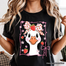 Carregar imagem no visualizador da galeria, Coquette Goose with Strawberry Bow T-Shirt, Navy, Black and White Cute Tee
