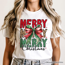 Cargar imagen en el visor de la galería, Coquette Merry Christmas Bow T-Shirt, Festive Leopard Holiday Tee
