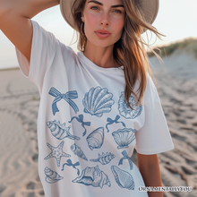 Load image into Gallery viewer, Coquette Seashell Summer Vibe T-Shirt, Natural and White Retro Beach Tee Gift for Ocean Lover

