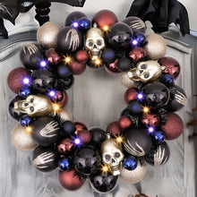 Load image into Gallery viewer, Creep and Glitter Spooky Wreath with Skeleton Skull Baubles, Black, Maroon and Gold Colors with Shiny Glitter
