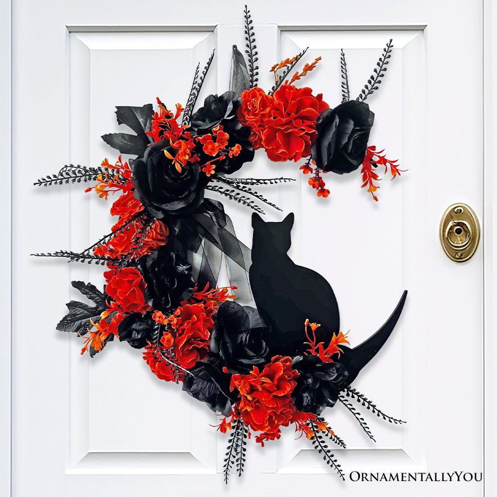 Crescent Moon Floral Black Cat Wreath, 20
