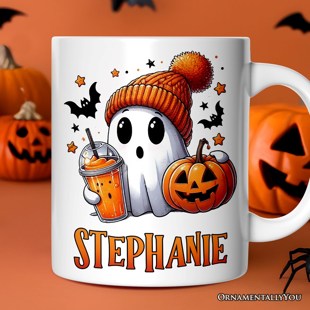 Cute Ghost with Coffee Drink, Personalized Halloween Mug, Fun Boujee Gift with Custom Name
