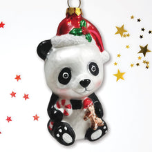Load image into Gallery viewer, Cute Panda with Santa Hat and Gift Blown Glass Christmas Ornament
