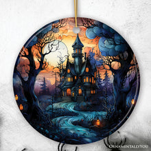 Load image into Gallery viewer, Dark and Gloomy Haunted House Stained Glass Style Ceramic Ornament, Halloween Themed Christmas Gift and Decor
