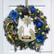 Load image into Gallery viewer, Decorous Nativity Christmas Wreath, Blue and Gold Ribbons and Poinsettias Birth of Christ Door Decoration

