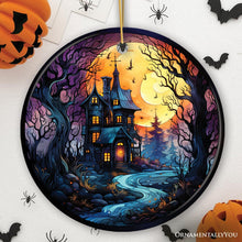 Load image into Gallery viewer, Eerie Abode Amidst Spooky Trees Stained Glass Style Ceramic Ornament, Halloween Themed Christmas Gift and Decor
