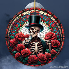 Load image into Gallery viewer, Elegant Bones Top-Hat Skeleton with Roses Stained Glass Style Ceramic Ornament, Halloween Themed Christmas Gift and Decor
