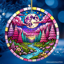 Load image into Gallery viewer, Enchanted Forest Glow Pink Themed Ornament, Mystical Moonlit Landscape Gift and Decor
