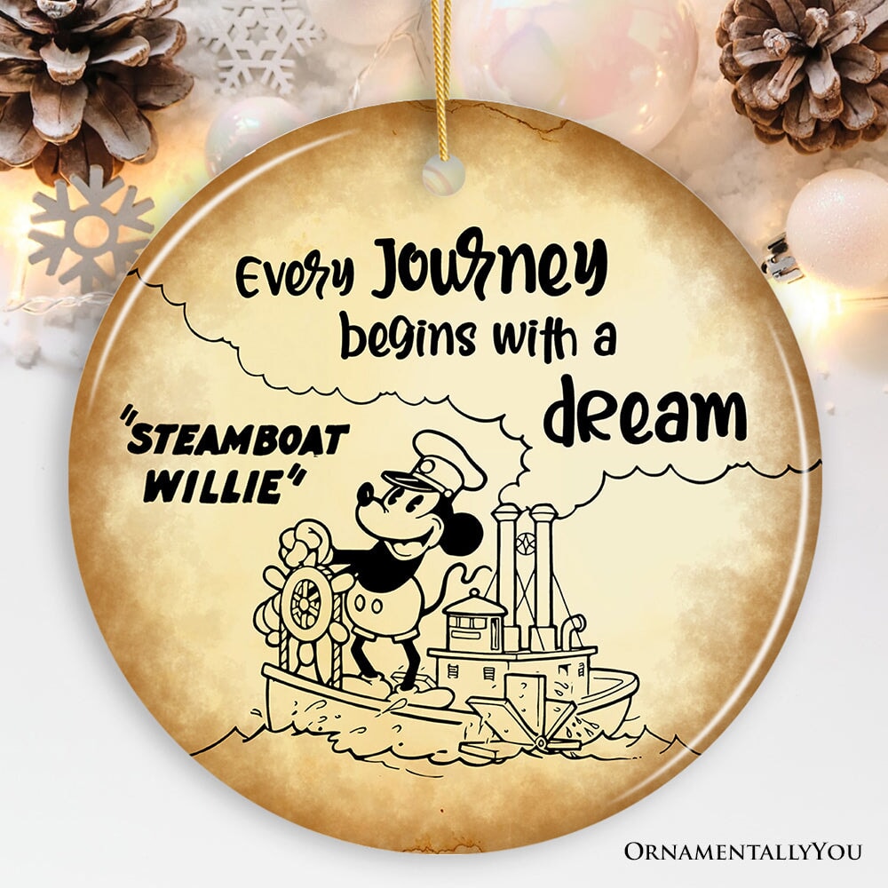 Every Journey Begins With a Dream Quote Ornament, Vintage Steamboat Willie Christmas Keepsake