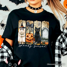 Cargar imagen en el visor de la galería, Fall Spooky Season Brushstroke T-Shirt, Coquette Vintage Ghost, Cat and Pumpkin Tee
