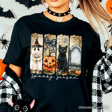 Carregar imagem no visualizador da galeria, Fall Spooky Season Brushstroke T-Shirt, Coquette Vintage Ghost, Cat and Pumpkin Tee
