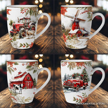 Carregar imagem no visualizador da galeria, Fancy Farmhouse Holiday Set of 4 Ceramic Mugs with Real Gold Trim, Rustic Christmas Kitchen Coffee Cup Decoration
