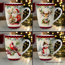 Load image into Gallery viewer, Festive Country Plaid Set of 4 Ceramic Mugs with Real Gold Trim, Christmas Kitchen Coffee Cup Gift with Santa, Cardinal, Deer, and Snowman
