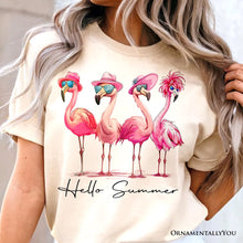 Carregar imagem no visualizador da galeria, Flamingo Hello Summer T-Shirt, White and Natural Retro Tee with Tropical Birds
