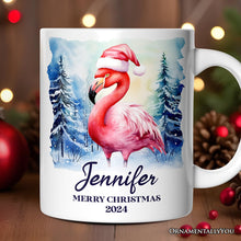 Carregar imagem no visualizador da galeria, Flamingo with Santa Hat Personalized Mug, Winter Forest Christmas Gift With Custom Name and Date
