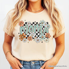 Carregar imagem no visualizador da galeria, Floral Mama Checkered T-Shirt, White, Natural and Black Retro Tee for Stylish Mothers
