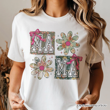 Load image into Gallery viewer, Floral Mama Coquette T-Shirt, White and Natural Boho Tee for Sweet and Stylish Moms
